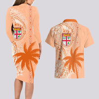 Bula Fiji Couples Matching Long Sleeve Bodycon Dress and Hawaiian Shirt Tropical Flower and Tapa Pattern Peach Fuzz Color LT03 - Polynesian Pride