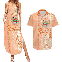 Bula Fiji Couples Matching Summer Maxi Dress and Hawaiian Shirt Tropical Flower and Tapa Pattern Peach Fuzz Color LT03 Peach Fuzz - Polynesian Pride