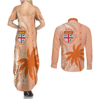 Bula Fiji Couples Matching Summer Maxi Dress and Long Sleeve Button Shirt Tropical Flower and Tapa Pattern Peach Fuzz Color LT03 - Polynesian Pride