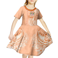 Bula Fiji Kid Short Sleeve Dress Tropical Flower and Tapa Pattern Peach Fuzz Color LT03 - Polynesian Pride