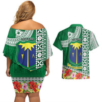 Fiji Natabua High School Couples Matching Off Shoulder Short Dress and Hawaiian Shirt Tropical Flower and Tapa Pattern Green Style LT03 - Polynesian Pride