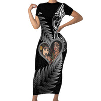 New Zealand Valentine Day Family Matching Short Sleeve Bodycon Dress and Hawaiian Shirt Aotearoa Warrior and Woman Love Heart Silver Fern Koru LT03 Mom's Dress Black - Polynesian Pride