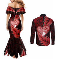 New Zealand Valentine Day Couples Matching Mermaid Dress and Long Sleeve Button Shirt Aotearoa Warrior and Woman Love Story Silver Fern Koru Red Style LT03 - Polynesian Pride