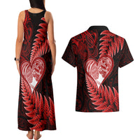 New Zealand Valentine Day Couples Matching Tank Maxi Dress and Hawaiian Shirt Aotearoa Warrior and Woman Love Story Silver Fern Koru Red Style LT03 - Polynesian Pride