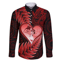 New Zealand Valentine Day Family Matching Mermaid Dress and Hawaiian Shirt Aotearoa Warrior and Woman Love Story Silver Fern Koru Red Style LT03 Dad's Shirt - Long Sleeve Red - Polynesian Pride