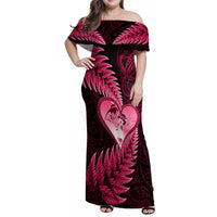 New Zealand Valentine Day Family Matching Off Shoulder Maxi Dress and Hawaiian Shirt Aotearoa Warrior Love Story Silver Fern Koru Pink Style LT03 Mom's Dress Pink - Polynesian Pride