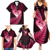 New Zealand Valentine Day Family Matching Summer Maxi Dress and Hawaiian Shirt Aotearoa Warrior Love Story Silver Fern Koru Pink Style LT03 - Polynesian Pride