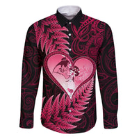 New Zealand Valentine Day Family Matching Summer Maxi Dress and Hawaiian Shirt Aotearoa Warrior Love Story Silver Fern Koru Pink Style LT03 Dad's Shirt - Long Sleeve Pink - Polynesian Pride
