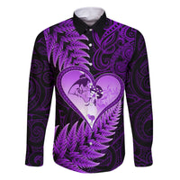 New Zealand Valentine Day Family Matching Summer Maxi Dress and Hawaiian Shirt Aotearoa Warrior Love Story Silver Fern Koru Purple Style LT03 Dad's Shirt - Long Sleeve Purple - Polynesian Pride