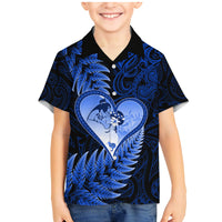 New Zealand Valentine Day Family Matching Mermaid Dress and Hawaiian Shirt Aotearoa Warrior Love Story Silver Fern Koru Blue Style LT03 Son's Shirt Blue - Polynesian Pride