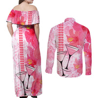 Hawaiian Cocktail Valentine Day Couples Matching Off Shoulder Maxi Dress and Long Sleeve Button Shirt Hibiscus Kakau Pattern Pink Version LT03 - Polynesian Pride