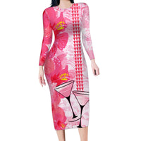 Hawaiian Cocktail Valentine Day Family Matching Long Sleeve Bodycon Dress and Hawaiian Shirt Hibiscus Kakau Pattern Pink Version LT03 Mom's Dress Pink - Polynesian Pride