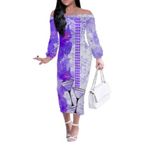 Hawaiian Cocktail Valentine Day Family Matching Off Shoulder Long Sleeve Dress and Hawaiian Shirt Hibiscus Kakau Pattern Purple Version LT03 Mom's Dress Purple - Polynesian Pride