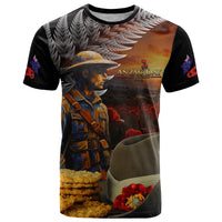 Slouch Hat and Biscuits ANZAC T Shirt with Soldier Silver Fern LT03 Black - Polynesian Pride
