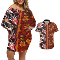 Japanese Culture Hawaii Style Couples Matching Off Shoulder Short Dress and Hawaiian Shirt Hawaiian Tribal and Japanese Pattern Together Culture LT03 Red - Polynesian Pride