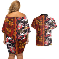Japanese Culture Hawaii Style Couples Matching Off Shoulder Short Dress and Hawaiian Shirt Hawaiian Tribal and Japanese Pattern Together Culture LT03 - Polynesian Pride