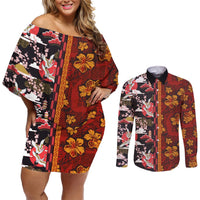 Japanese Culture Hawaii Style Couples Matching Off Shoulder Short Dress and Long Sleeve Button Shirt Hawaiian Tribal and Japanese Pattern Together Culture LT03 Red - Polynesian Pride