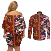 Japanese Culture Hawaii Style Couples Matching Off Shoulder Short Dress and Long Sleeve Button Shirt Hawaiian Tribal and Japanese Pattern Together Culture LT03 - Polynesian Pride