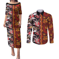 Japanese Culture Hawaii Style Couples Matching Puletasi and Long Sleeve Button Shirt Hawaiian Tribal and Japanese Pattern Together Culture LT03 Red - Polynesian Pride