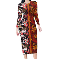 Japanese Culture Hawaii Style Long Sleeve Bodycon Dress Hawaiian Tribal and Japanese Pattern Together Culture LT03 Long Dress Red - Polynesian Pride