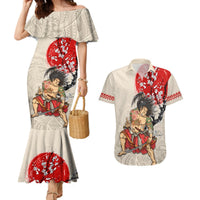 Personalised Japanese Culture Hawaii Style Couples Matching Mermaid Dress and Hawaiian Shirt Japanese Samurai with Hawaiian Pattern LT03 Beige - Polynesian Pride