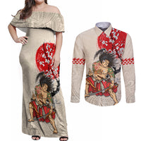 Personalised Pan-Pacific Festival Couples Matching Off Shoulder Maxi Dress and Long Sleeve Button Shirt Japanese Samurai with Hawaiian Pattern