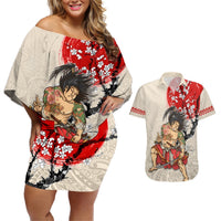 Personalised Japanese Culture Hawaii Style Couples Matching Off Shoulder Short Dress and Hawaiian Shirt Japanese Samurai with Hawaiian Pattern LT03 Beige - Polynesian Pride