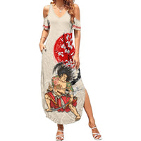 Personalised Japanese Culture Hawaii Style Summer Maxi Dress Japanese Samurai with Hawaiian Pattern LT03 Women Beige - Polynesian Pride