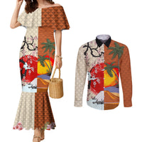 Japanese Culture Hawaii Style Couples Matching Mermaid Dress and Long Sleeve Button Shirt Mauna Kea and Fuji Mountains LT03 Brown - Polynesian Pride