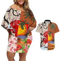 Japanese Culture Hawaii Style Couples Matching Off Shoulder Short Dress and Hawaiian Shirt Mauna Kea and Fuji Mountains LT03 Brown - Polynesian Pride