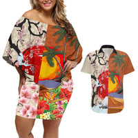 Pan-Pacific Festival Couples Matching Off Shoulder Short Dress and Hawaiian Shirt Mauna Kea and Fuji Mountains