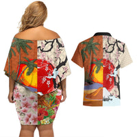 Japanese Culture Hawaii Style Couples Matching Off Shoulder Short Dress and Hawaiian Shirt Mauna Kea and Fuji Mountains LT03 - Polynesian Pride