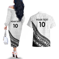 Custom Fijian Rugby Couples Matching Off The Shoulder Long Sleeve Dress and Hawaiian Shirt Tapa Pattern and Palm Tree Tribal