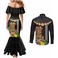 Hawaii Plumeria Lei Couples Matching Mermaid Dress and Long Sleeve Button Shirt Tiki and Kakau Pattern Black Color LT03 - Polynesian Pride