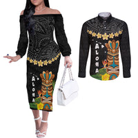 Hawaii Plumeria Lei Couples Matching Off The Shoulder Long Sleeve Dress and Long Sleeve Button Shirt Tiki and Kakau Pattern Black Color