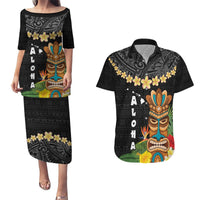 Hawaii Plumeria Lei Couples Matching Puletasi and Hawaiian Shirt Tiki and Kakau Pattern Black Color LT03 Black - Polynesian Pride