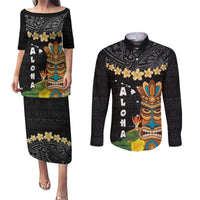 Hawaii Plumeria Lei Couples Matching Puletasi and Long Sleeve Button Shirt Tiki and Kakau Pattern Black Color LT03 Black - Polynesian Pride
