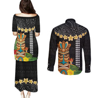 Hawaii Plumeria Lei Couples Matching Puletasi and Long Sleeve Button Shirt Tiki and Kakau Pattern Black Color LT03 - Polynesian Pride