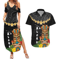 Hawaii Plumeria Lei Couples Matching Summer Maxi Dress and Hawaiian Shirt Tiki and Kakau Pattern Black Color LT03 Black - Polynesian Pride