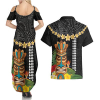 Hawaii Plumeria Lei Couples Matching Summer Maxi Dress and Hawaiian Shirt Tiki and Kakau Pattern Black Color LT03 - Polynesian Pride