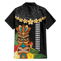 Hawaii Plumeria Lei Family Matching Short Sleeve Bodycon Dress and Hawaiian Shirt Tiki and Kakau Pattern Black Color