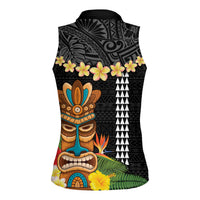 Hawaii Plumeria Lei Women Sleeveless Polo Shirt Tiki and Kakau Pattern Black Color