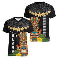 Hawaii Plumeria Lei Women V-Neck T-Shirt Tiki and Kakau Pattern Black Color