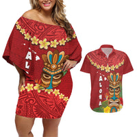 Hawaii Plumeria Lei Couples Matching Off Shoulder Short Dress and Hawaiian Shirt Tiki and Kakau Pattern Red Color