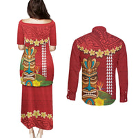 Hawaii Plumeria Lei Couples Matching Puletasi and Long Sleeve Button Shirt Tiki and Kakau Pattern Red Color LT03 - Polynesian Pride