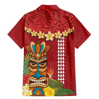 Hawaii Plumeria Lei Family Matching Mermaid Dress and Hawaiian Shirt Tiki and Kakau Pattern Red Color