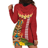 Hawaii Plumeria Lei Hoodie Dress Tiki and Kakau Pattern Red Color