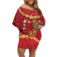 Hawaii Plumeria Lei Off Shoulder Short Dress Tiki and Kakau Pattern Red Color
