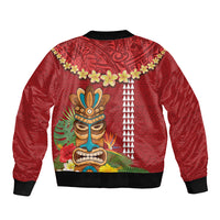 Hawaii Plumeria Lei Sleeve Zip Bomber Jacket Tiki and Kakau Pattern Red Color