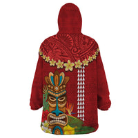 Hawaii Plumeria Lei Wearable Blanket Hoodie Tiki and Kakau Pattern Red Color
